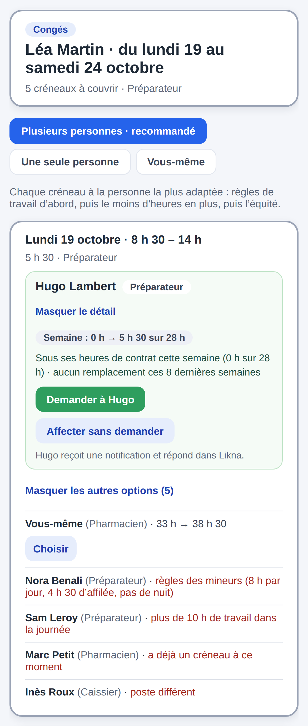 Écran des remplaçants sur téléphone : Hugo proposé pour le lundi, sous ses heures de contrat ; les autres options écartées, chacune avec sa raison