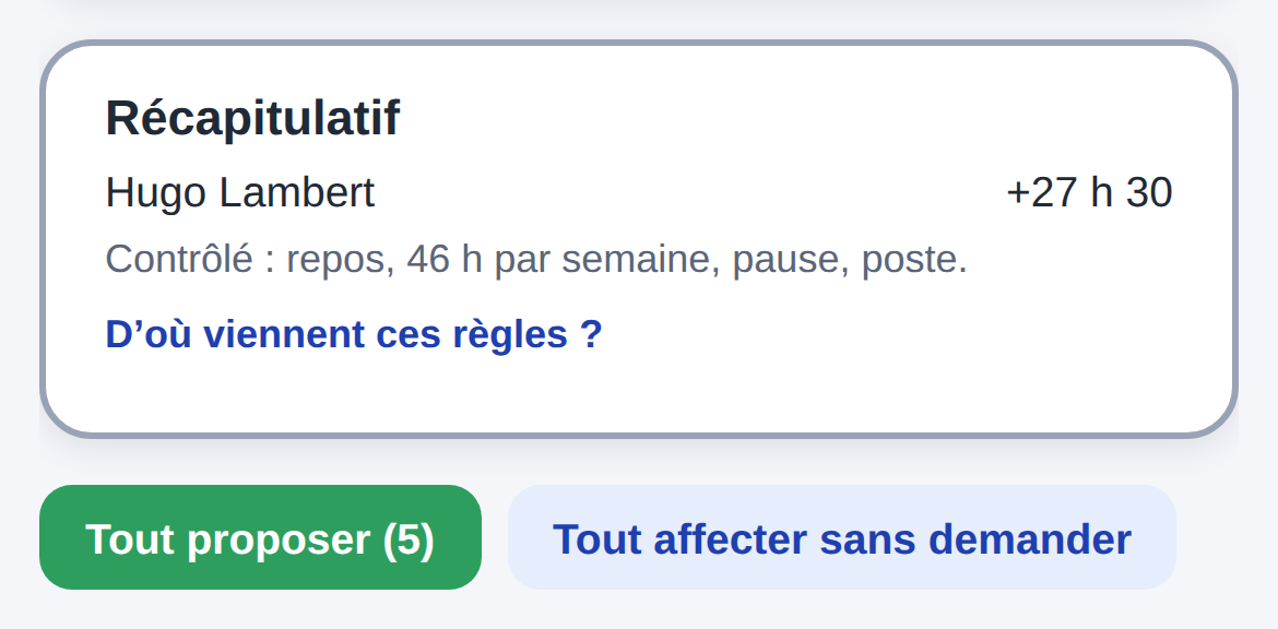 Récapitulatif sur téléphone : Hugo Lambert plus 27 h 30, contrôlé : repos, 46 h par semaine, pause, poste ; tout proposer ou tout affecter