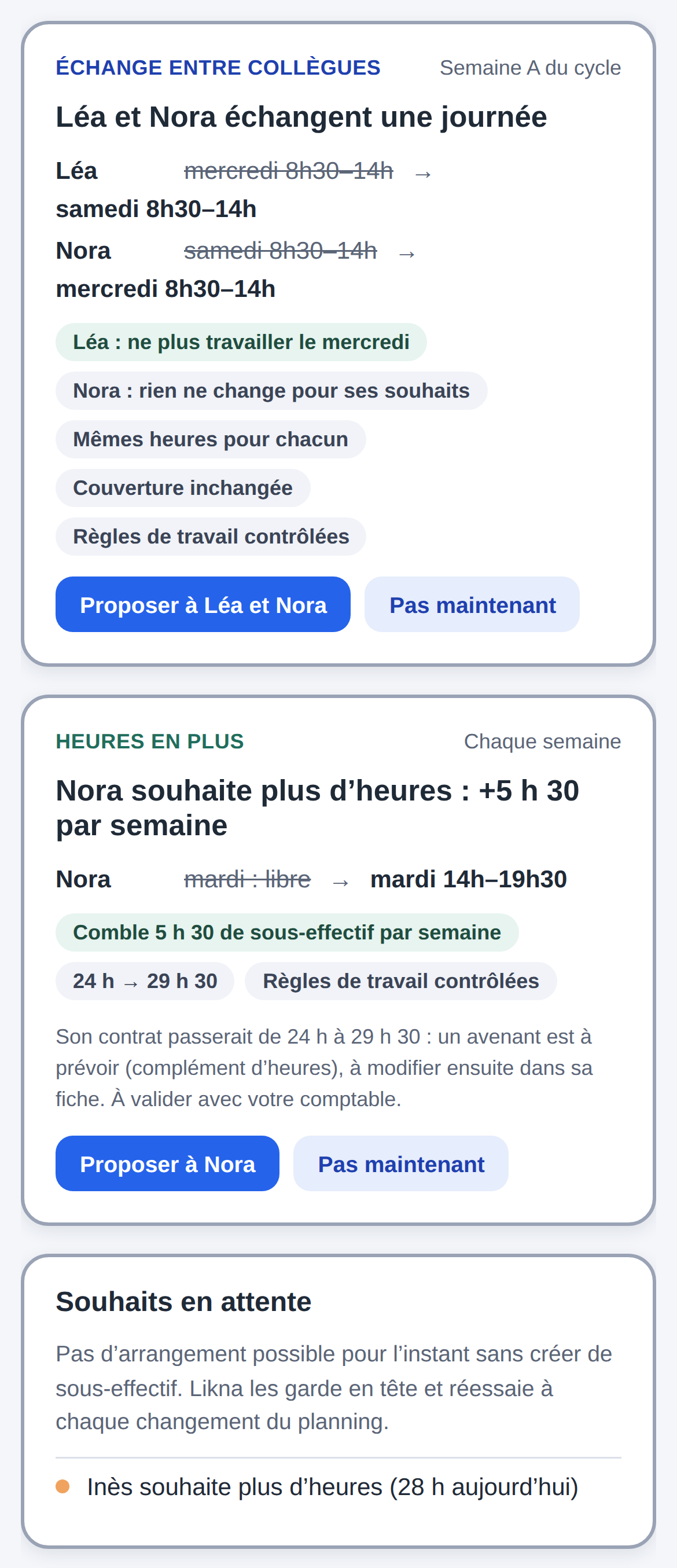 Idées d’échange sur téléphone : Léa et Nora échangent une journée, mêmes heures pour chacune, couverture inchangée ; Nora souhaite plus d’heures, plus 5 h 30 le mardi, avenant à prévoir ; souhait d’Inès en attente